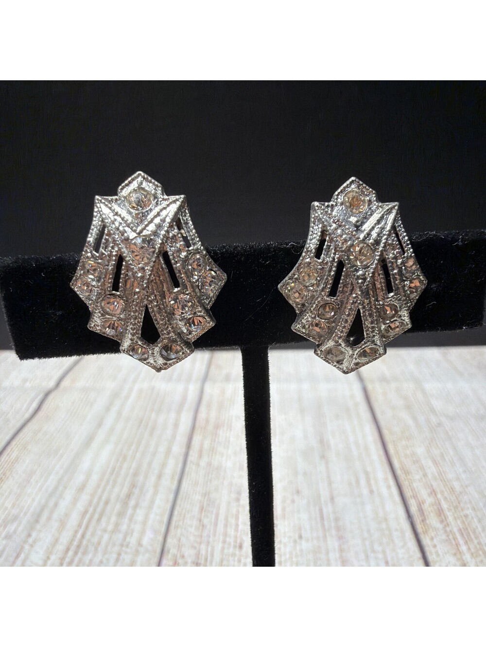 Vintage Art Deco Ornate Dress Clips Silver Tone Metal White Rhinestones